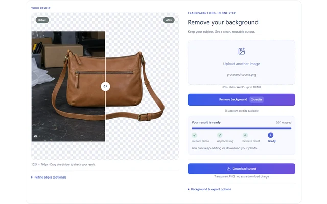 Background Remover interface: Inspect and download a transparent PNG