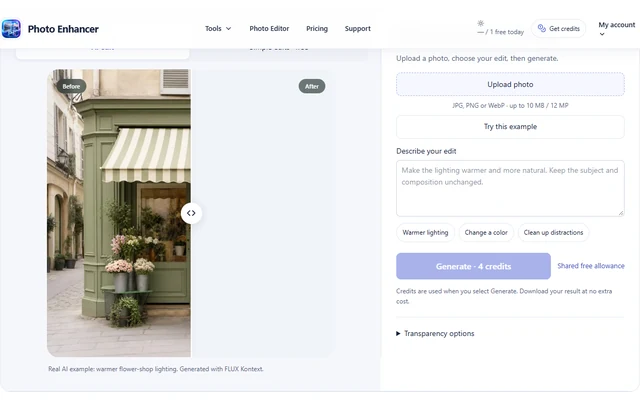 Photo Editor interface: Upload a photo