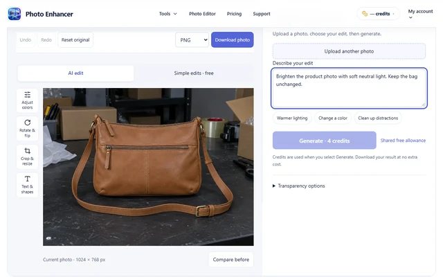 Photo Editor interface: Describe a change and check its cost