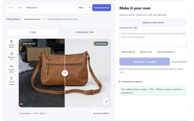 Photo Editor interface: Compare, continue editing and download