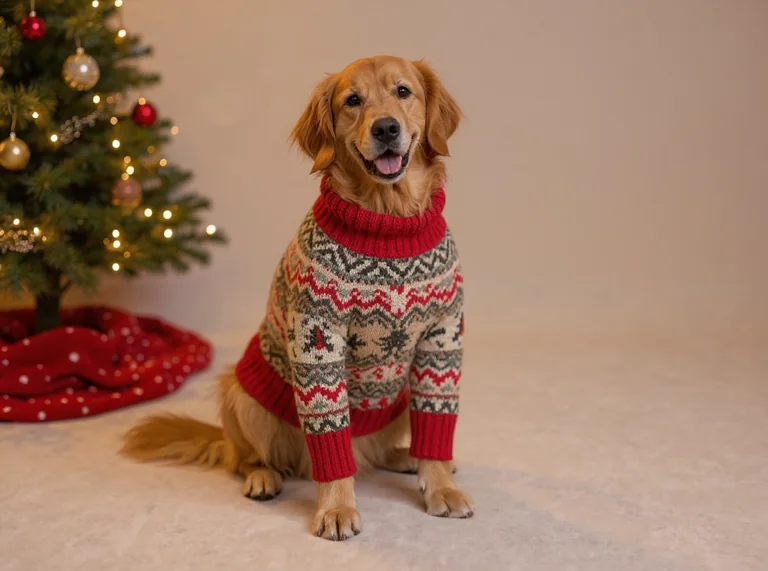Same-source dog photograph before and after a creative holiday outfit and background edit