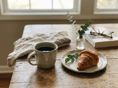 An everyday breakfast table with a coffee cup and croissant in soft morning light
