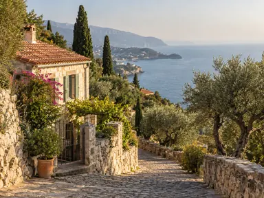 An AI-created coastal village with olive trees, stone walls and blue sea