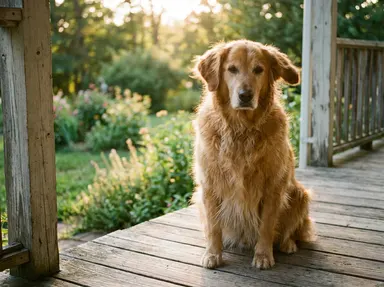 A golden retriever sitting on a sunlit wooden porch with garden bokeh