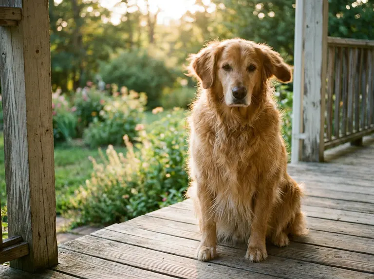 A golden retriever sitting on a sunlit wooden porch with garden bokeh