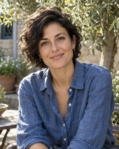 An AI-created portrait of a woman wearing blue linen in a sunlit courtyard