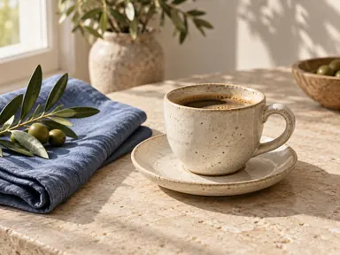 An AI-created ceramic cup, blue linen and olive branch on a stone table
