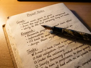 A notebook page with handwritten project notes and a fountain pen on it
